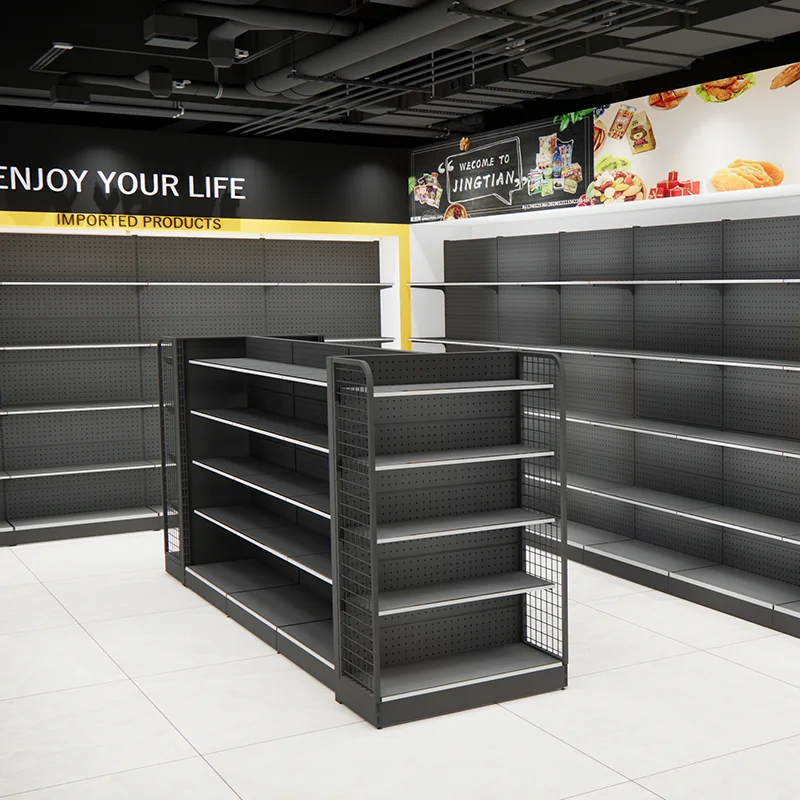 Factory price double side shelf used super shop display rack shelving for supermarkets black gondola shelf