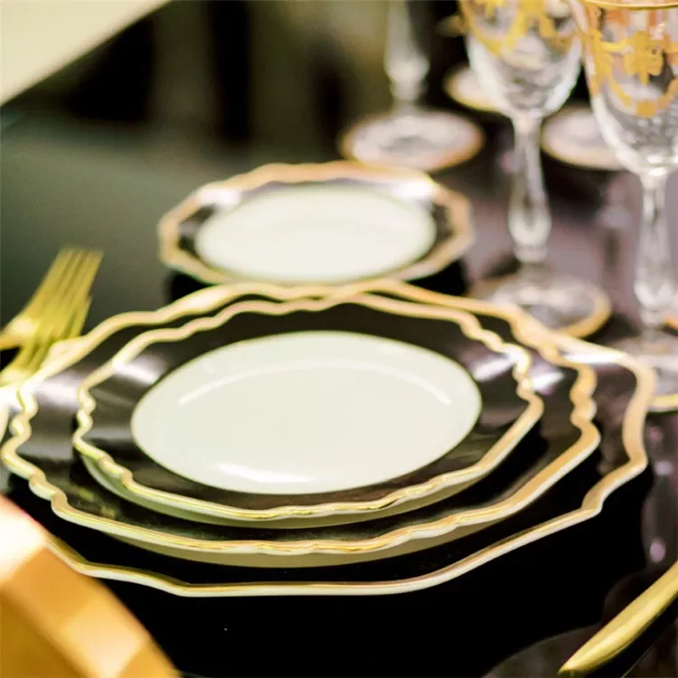New arrival luxury gold dinner plates irregular dinnerware wedding black ceramic charger  plates with gold rim