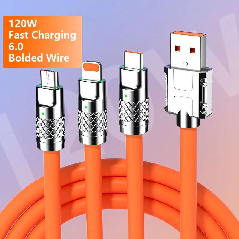 Silicone zinc alloy 120W 6A 3 In 1 TYPE C Micro i Lghtnings phone Fast Charging Cable