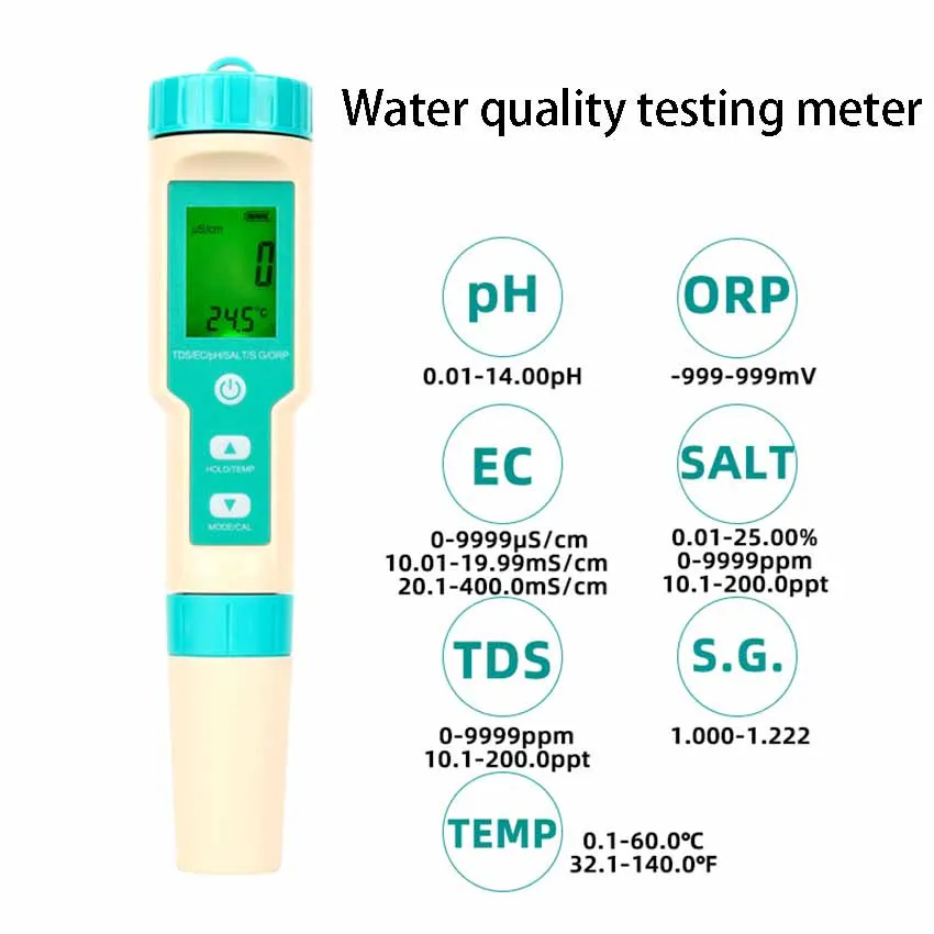 New pH pen 7 in 1 Multi-functional water quality test pen pH value TDS conductivity salinometer temperature specific gravity orp