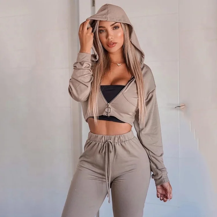 Hot Sale Custom Two Piece Set Tracksuit Women Zip Crop Tops Hoodie Joggers Sweat Suits Velour 2 Piece Sets Sweatsuit Tracksuit