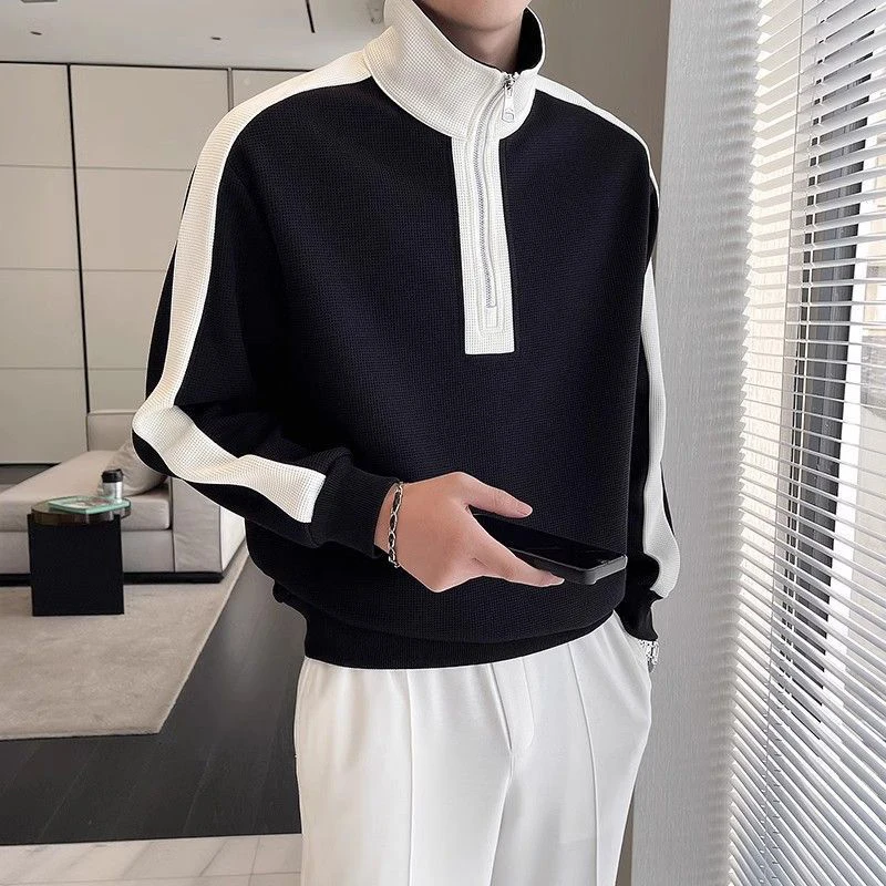 Fall color patchwork half-zip stand-up collar waffle fabric sweatshirt for men