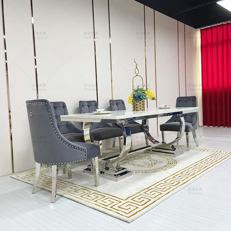 Modern cheap American high quality dining room stainless steel frame marble top square 6 8 10 seater dining tables set