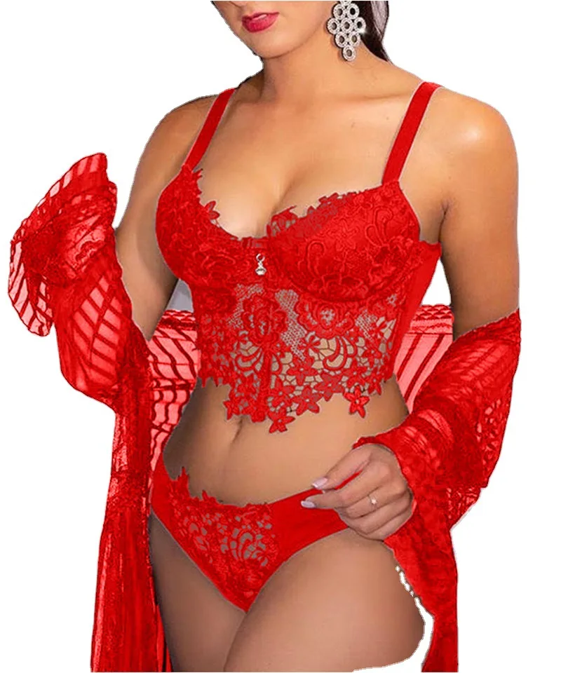 Wholesale Plus Size Sexy Lingerie Women Thong Set Underwear Embroidered Tulle Lace For Lingerie