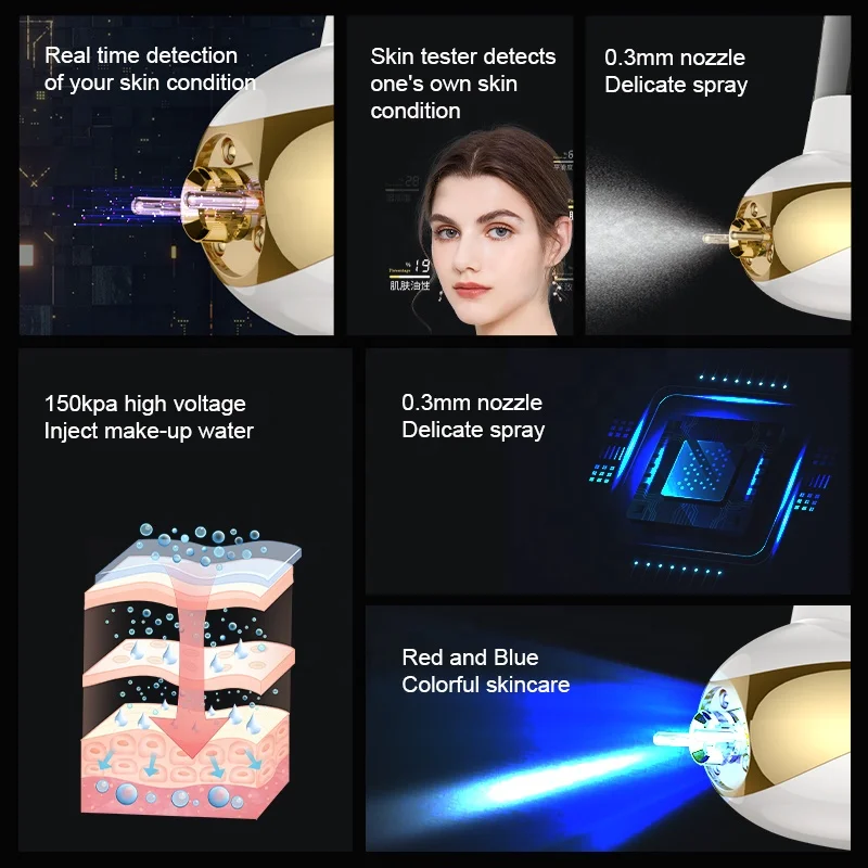 2024 New Design Portable Airbrush Red Blue Light Skin Rejuvenation Facial Beauty Sprayer Skin Analyze Oxygen Injector