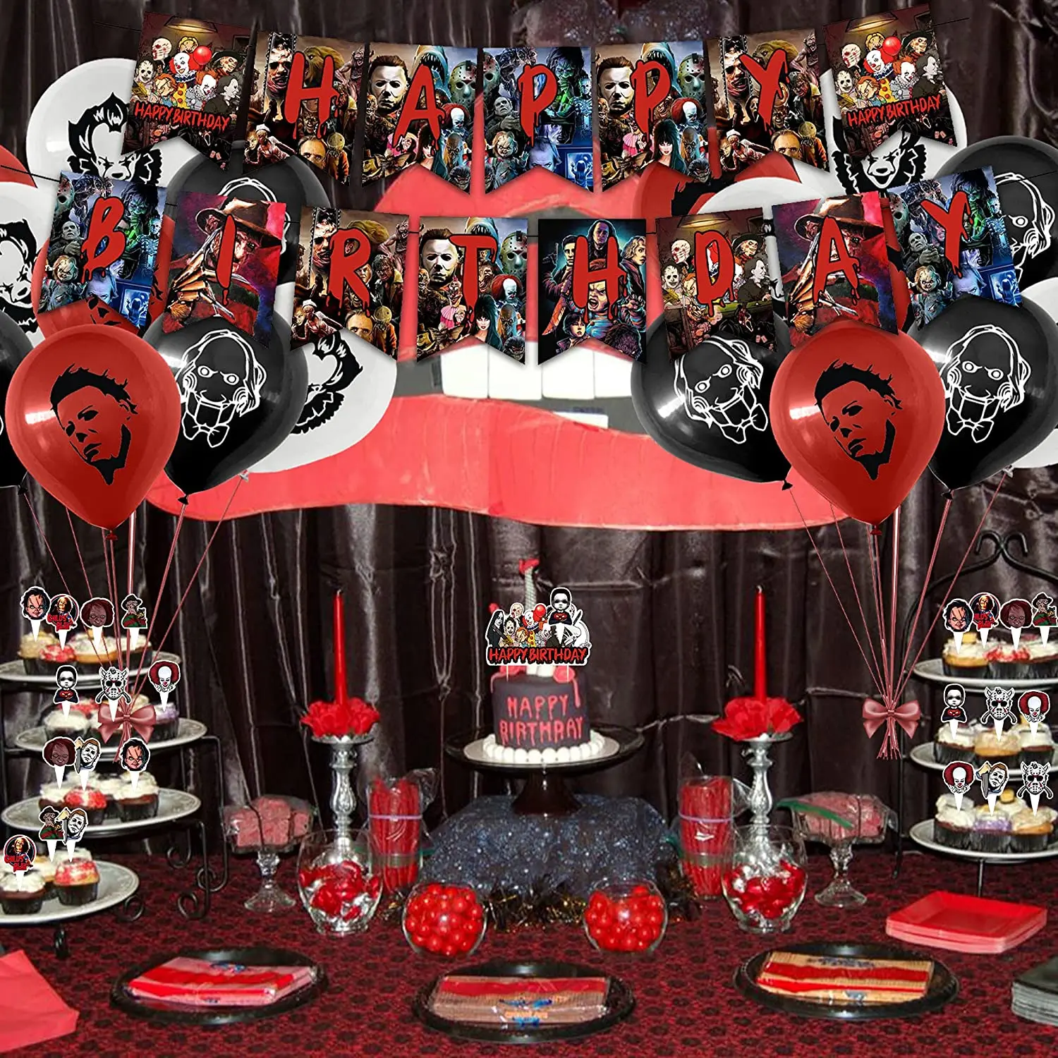 Adults Birthday Party Supplies Thriller Killer Role Theme Birthday  100 Pcs Horror Movie Party Decorations Set