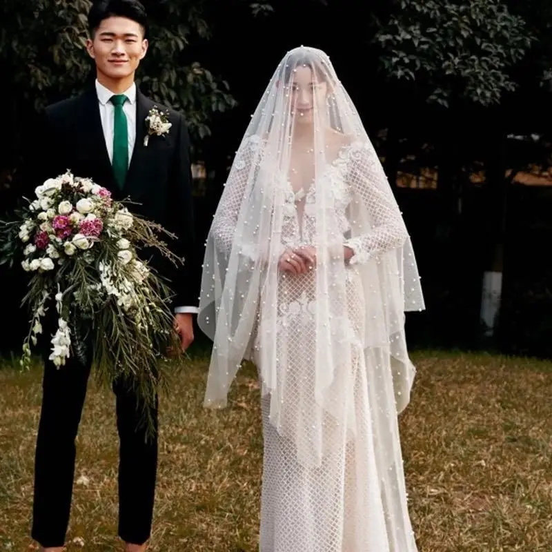 Wedding veil pearls fashion contracted pearl Net yarn Bridal Veil Church Length Elegant wholesale wedding veil