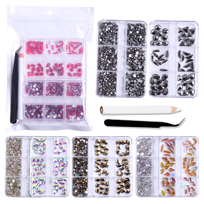 Nail Rhinestones Strass Kit Multi Sizes Shapes Glass Crystal Flatback diamonds for Nail Art DIY Hand Crafts AccessoriesSupplies