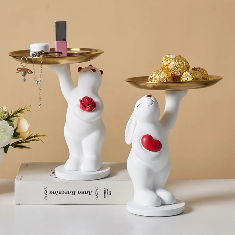 Rabbit sculpture decoration living room resin gift creative display jewelry key storage bear tray
