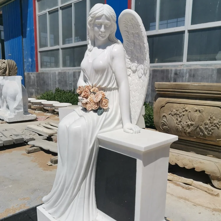 Cemetery Hand Carved White Marble Sitting Angel Tombstone Gravestone