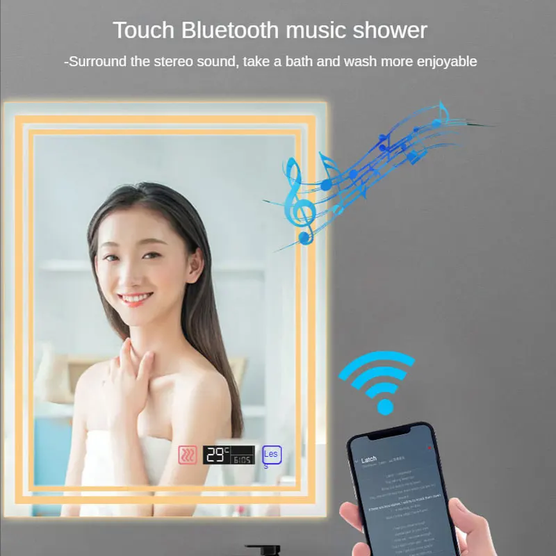 Luxury Smart Led Light Bathroom Vanity Makeup Mirror Anti-fog Bluetooth Music Touch Sensor Switch Led Wall Mirror Silver Modern