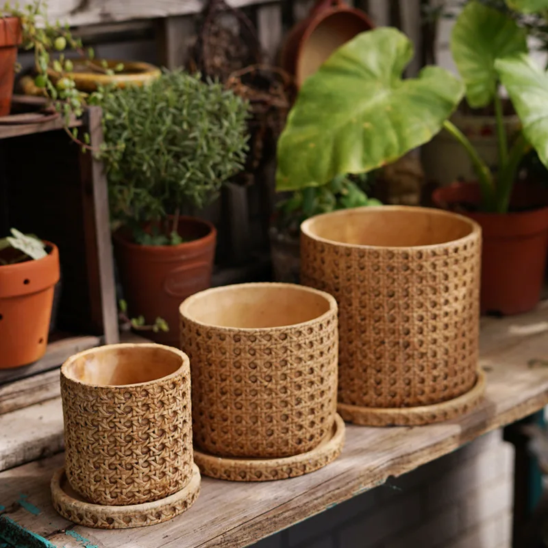 Antique Classic Traditional Chinese Bamboo Weaving Design Cement Flower Pot For Home Decor