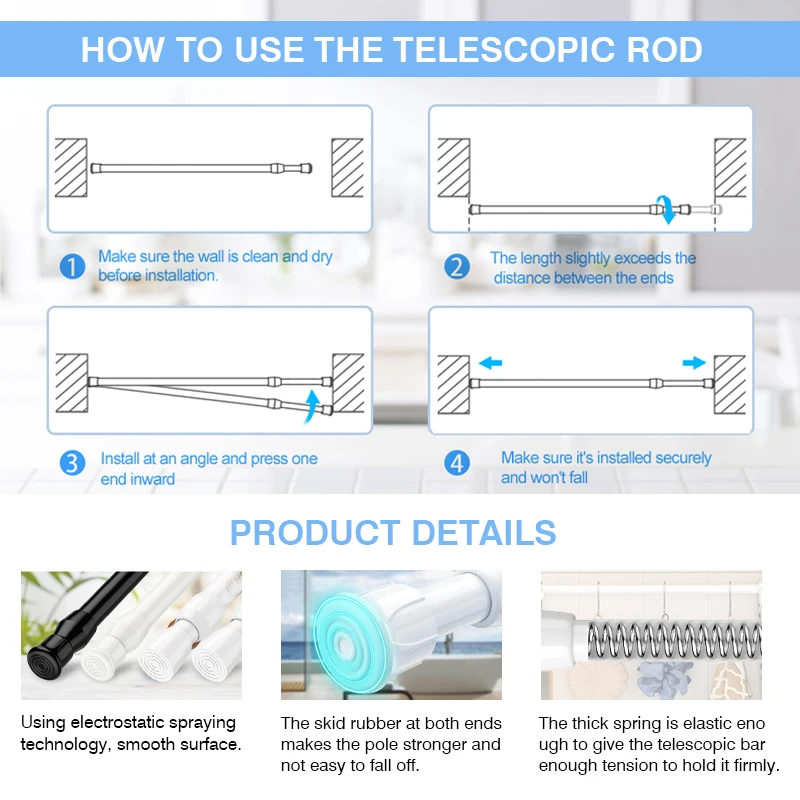 ARODDY 12-20 Inch Kitchen Bathroom Cupboard Wardrobe Window Closet Door Bookshelf DIY Project Spring Tension Curtain Rods