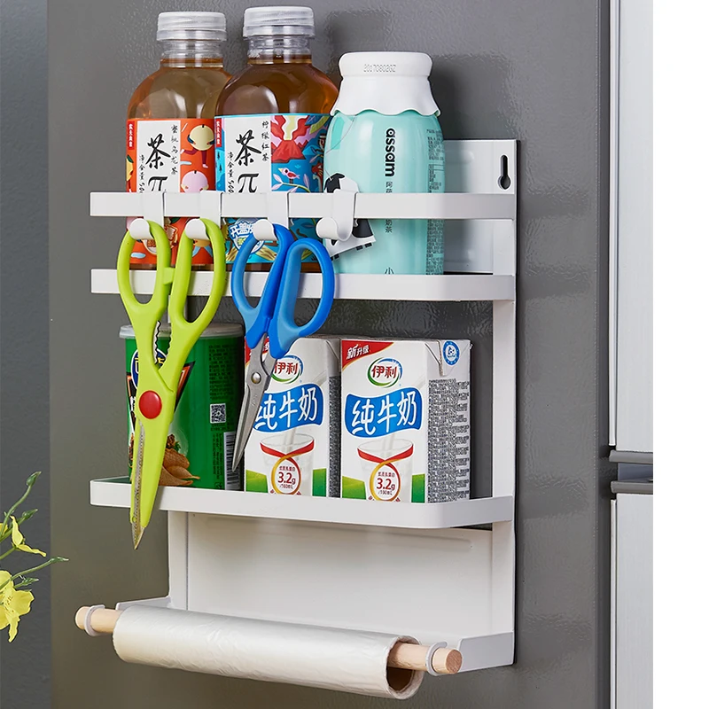 Wholesale 3 Tier Magnetic Fridge Organizer Spice Rack with Paper Towel Holder Magnet Refrigerator Shelf in Kitchen