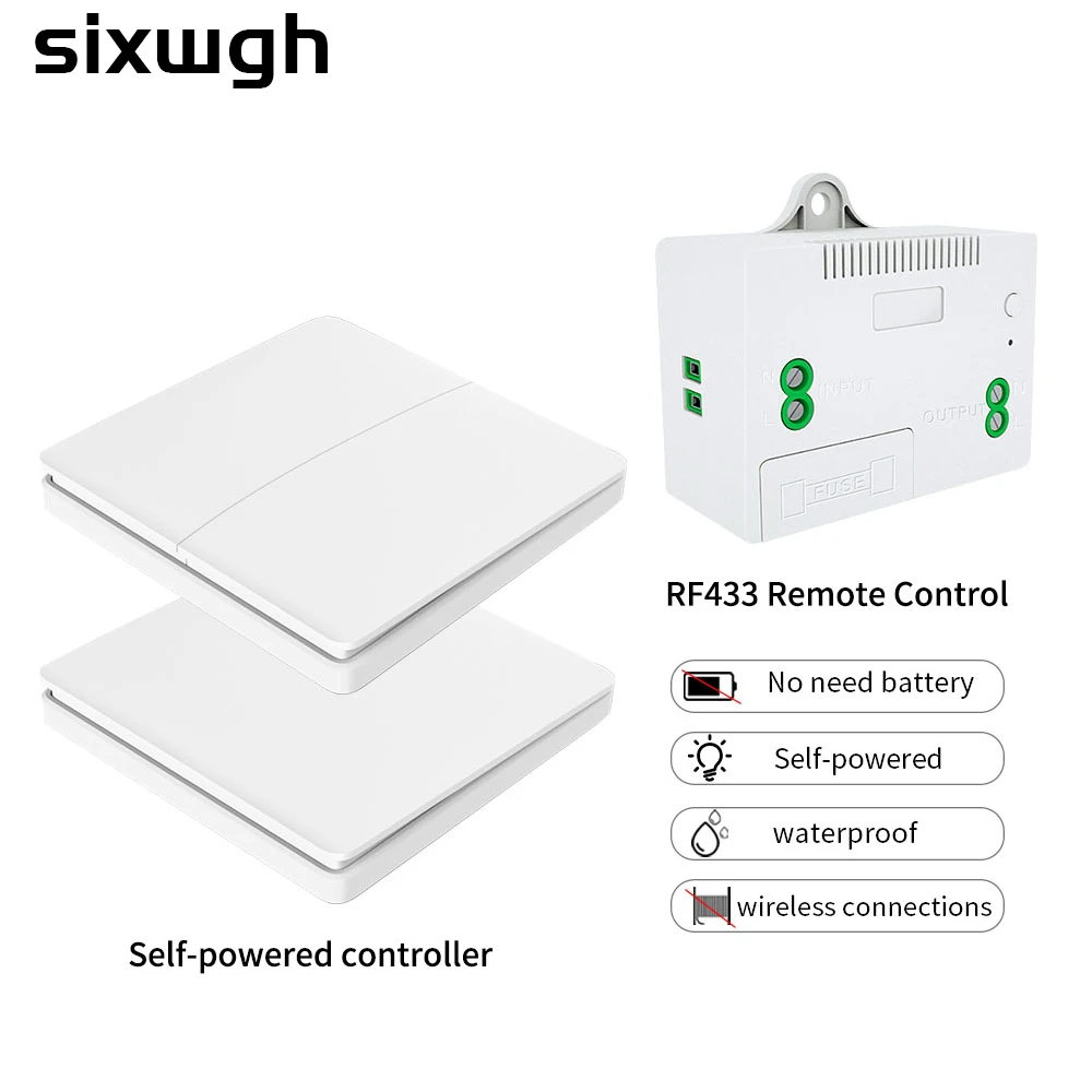 SIXWGH Wireless Wall Switch1/2gang No Battery Self-Powered Remote Control Push Botton Switch Panel Waterproof Light Switch 10A