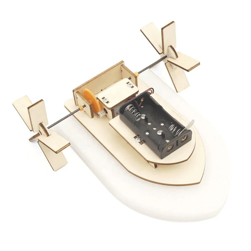 Educational toy science stem kids diy item assembly wooden paddle wheeler boat