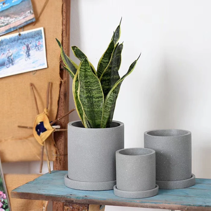 Wholesale Grey Cylinder Concrete Plant Pot Flower Pots with Tray
