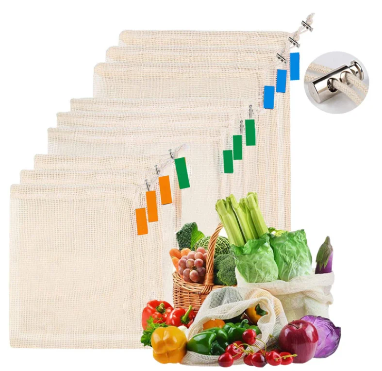 In stock recycled eco friendly cotton mesh bag,mesh drawstring bag,mesh bags for fruits and vegetables