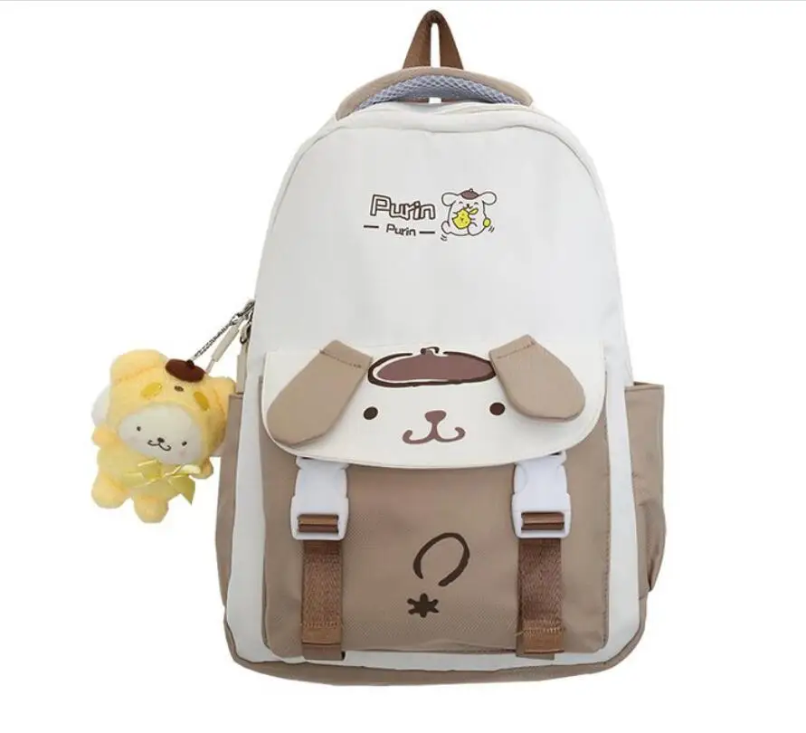 YWMX Cartoon Kuromi Cinnamoroll Student School Bag  Kawaii Girl Melody Nylon Big Capacity Zipper Student Backpack With Plush Toy