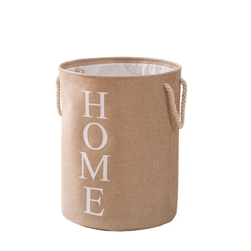 Large Sized Waterproof Cotton Fabric Folding Laundry Hamper Bucket Cylindric Burlap Storage Basket with Letter Design