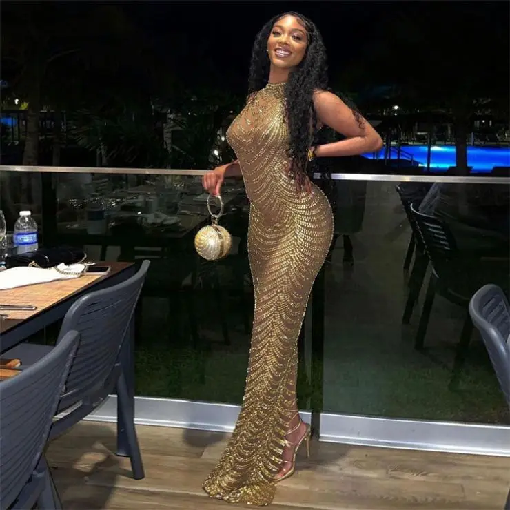 party dress fashion hot drill see-through floor skirt summer 2022 new arrivals Ladies sexy backless night club