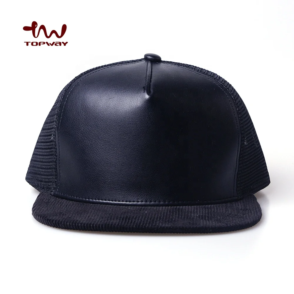 Wholesale Cheap 5 Panel Cap Custom Black Blank Pu Leather Classic Look Trucker Mesh Caps Hats