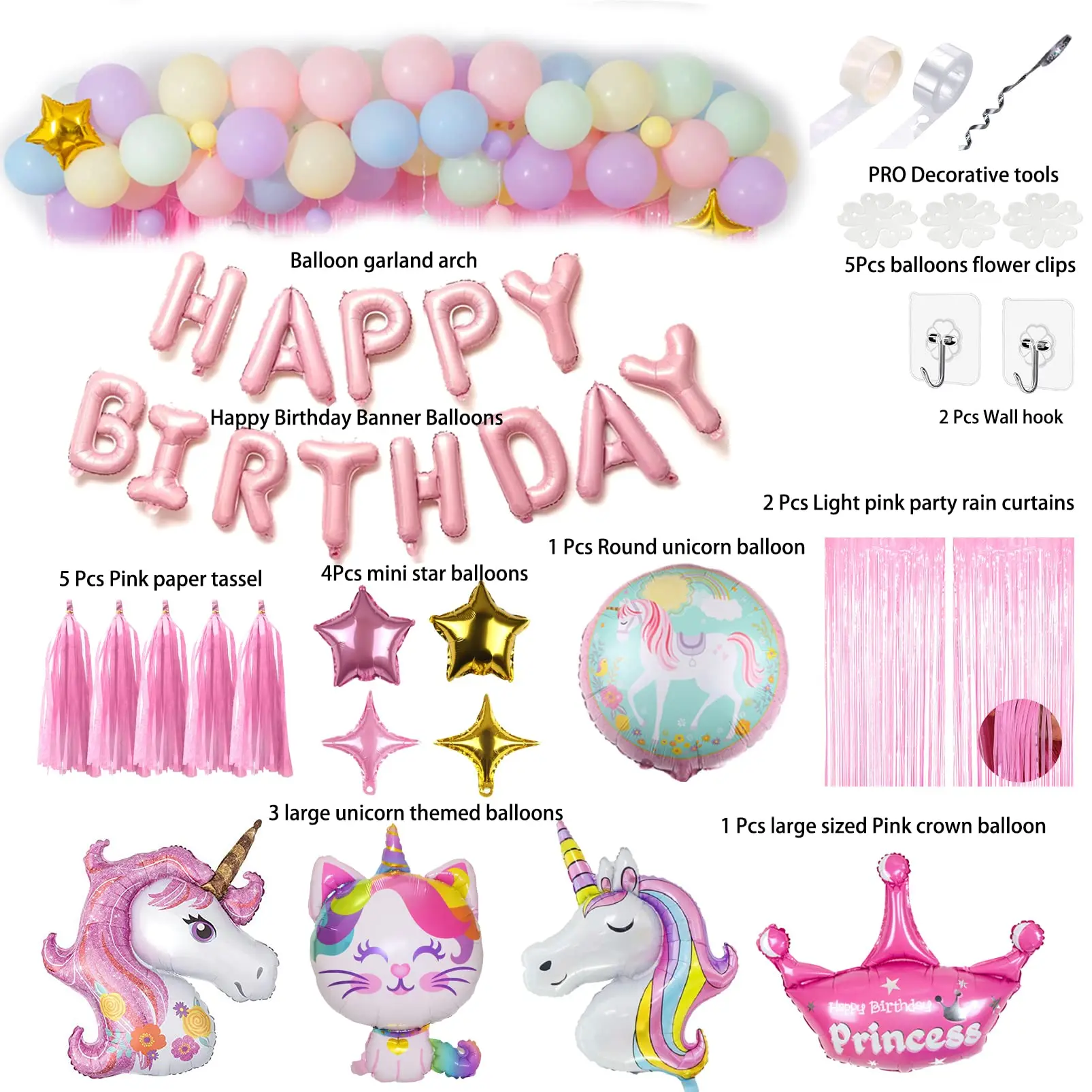 Unicorn Pink Birthday Party Decorations Balloons Arch Garland HAPPY BIRTHDAY Banner Pink Curtains Birthday Party Supplier