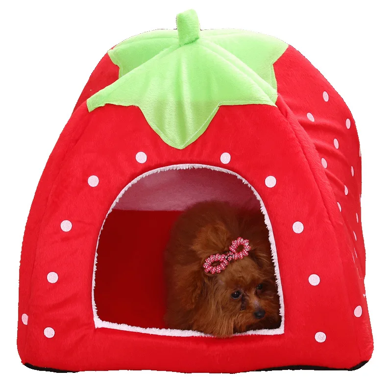 
Factory Wholesale Strawberry Pet Product Tent Foldable Winter Warm Cushion Small Pet Tent 
