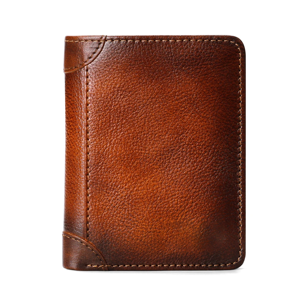 Custom Full Grain Vegetable Tanned Leather Trifold Men RFID Wallet with Sim Card Slot