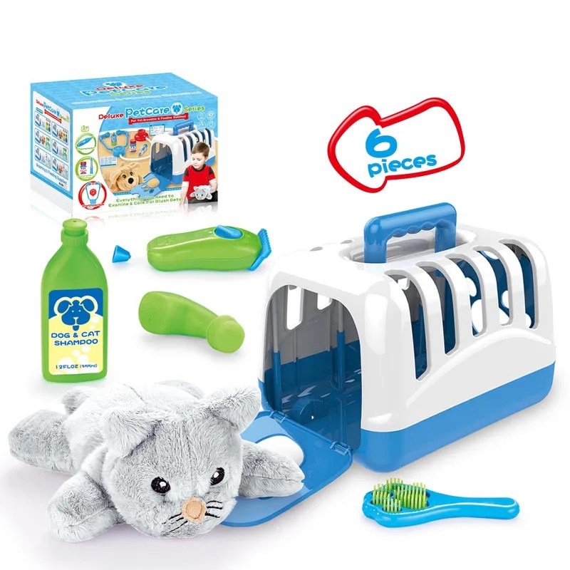 
(Cat)Wash & Trim pet toys Vet Groomer Play Set With Plush Stuffed Animal And Plastic Cages for kids 6pcs 