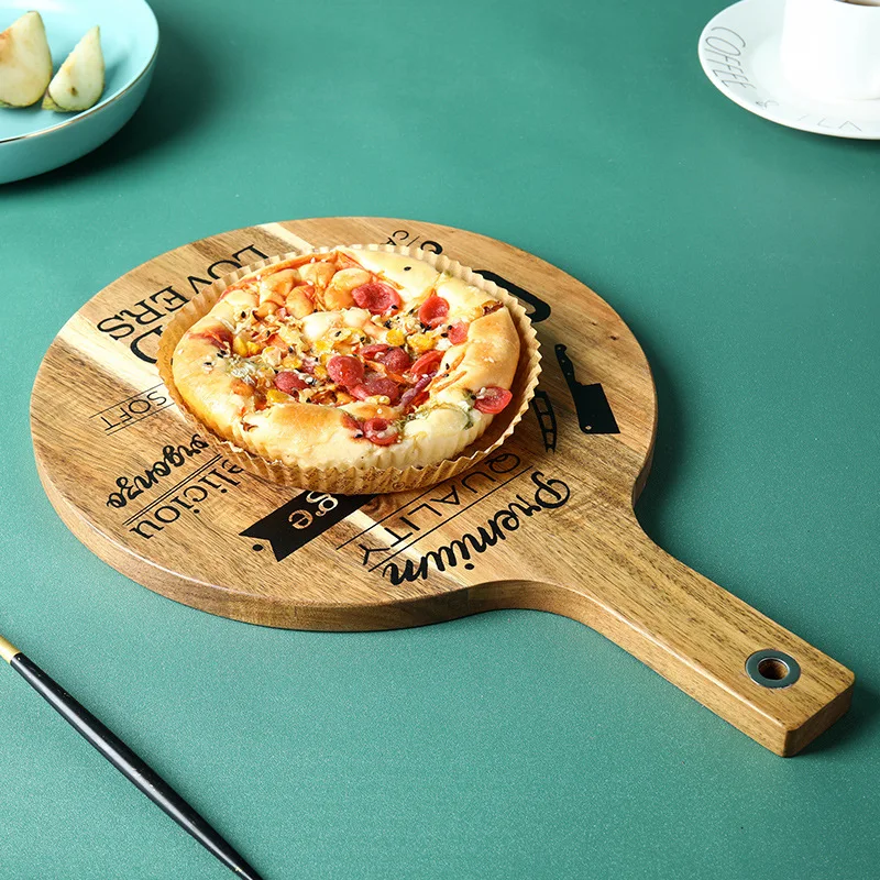 Yesjoy custom round Acacia cutting board with customized  hand writings and handle