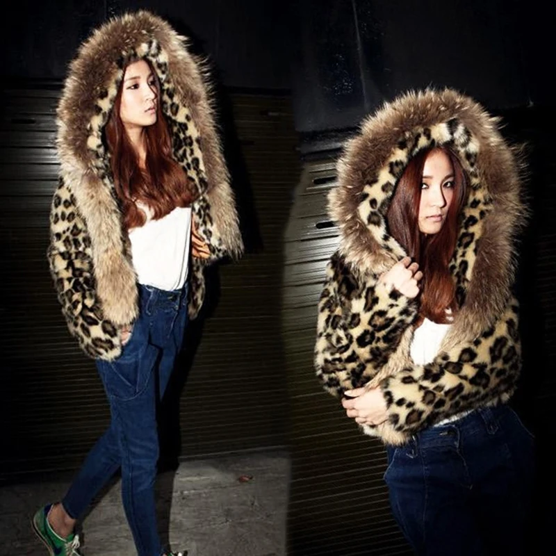 Faux  Leopard Rabbit Fur Jacket &Bomer With Big Hood Women Winter Clothes