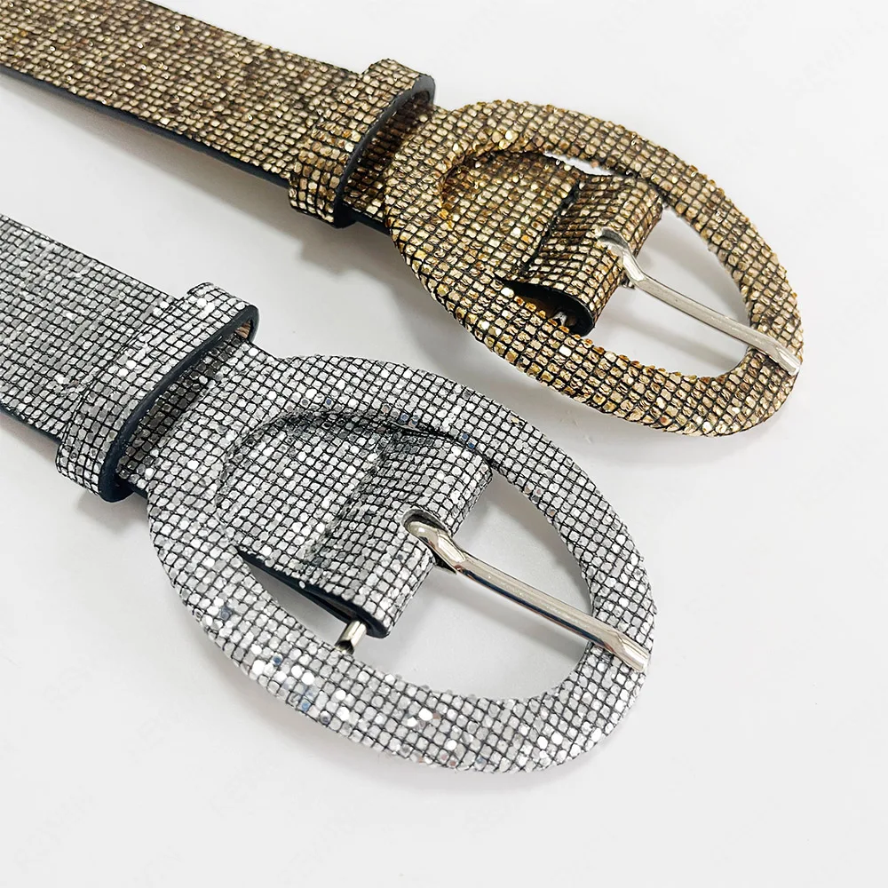 REWIN Fashion Oval Shinny Buckle Cowgirl Crystal Waist Pu Leather Belt Rhinestone Soft Women Western Sparkle Bling Bling Belt