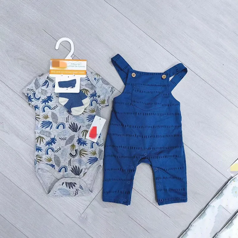 Children Summer Style Short Sleeve Suspender Romper Socks 3 Pcs Set Hot Sale 0-18months Toddler Kids 3 In 1 Clothes Set