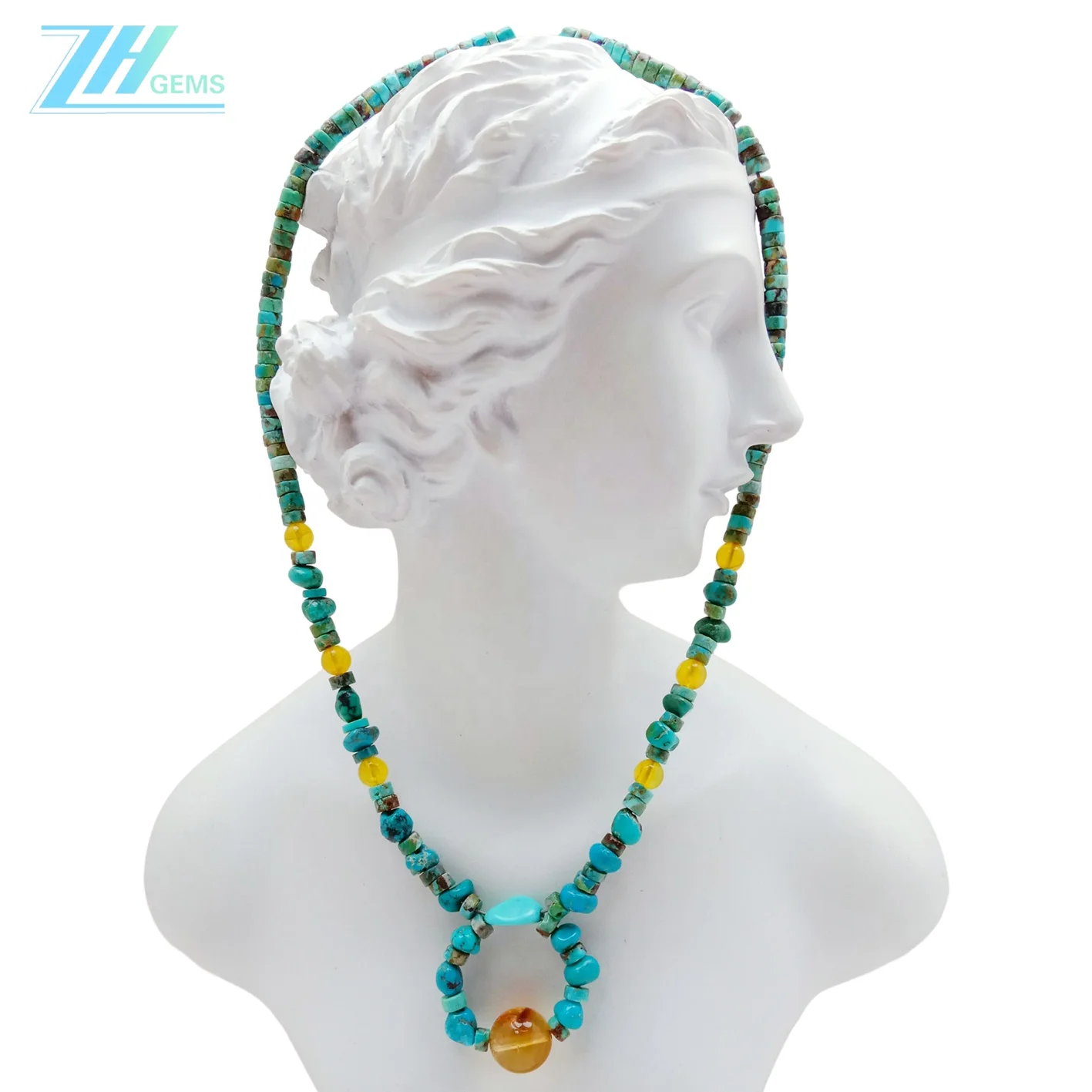 Natural turquoise and amber with Citrine pendant necklace  Healing Gemstone Necklace   fashionable jewelry