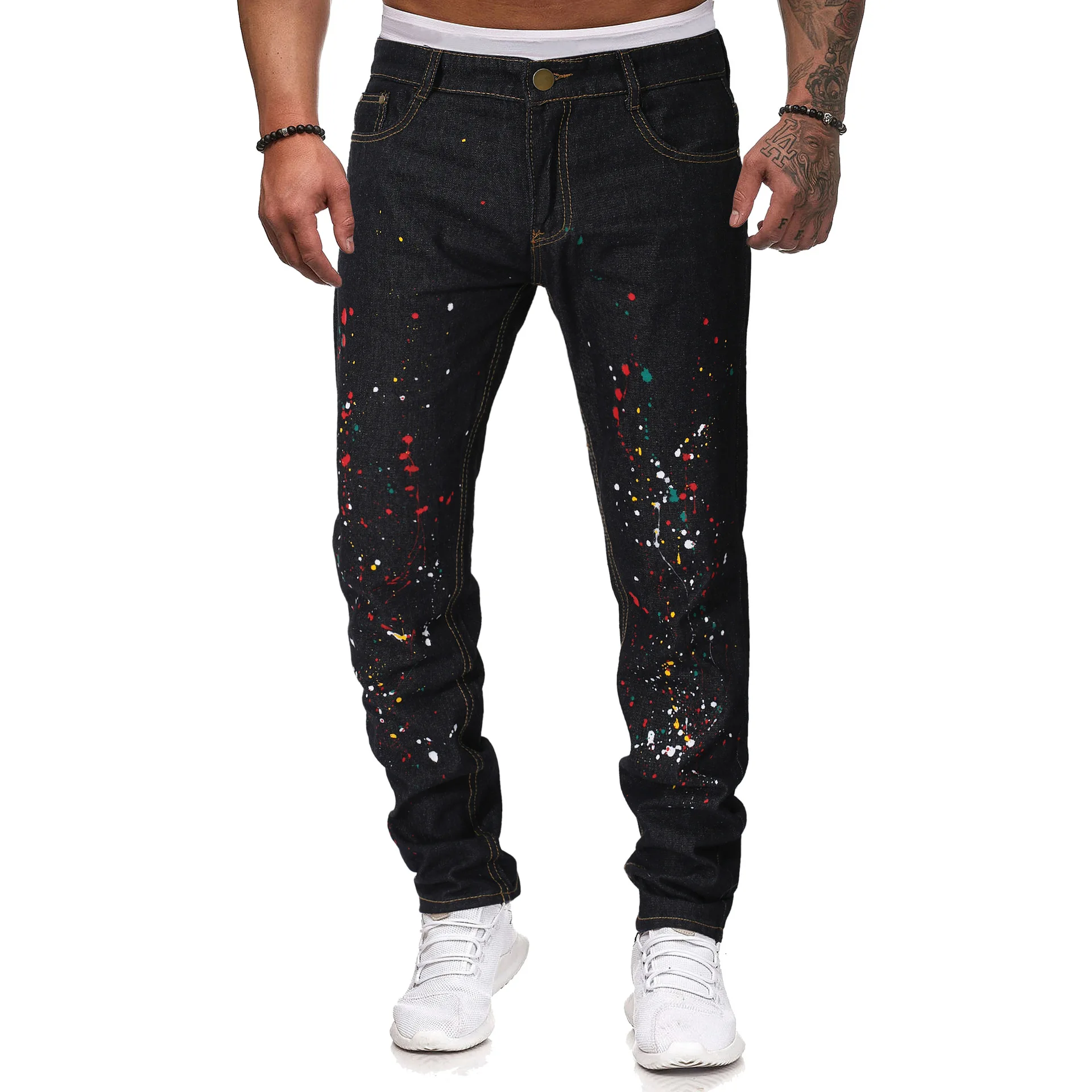 2023 Custom New Fashion Streetwear Daily Paint Splatter Design Mens Cargo Distressing Moto Denim Jeans