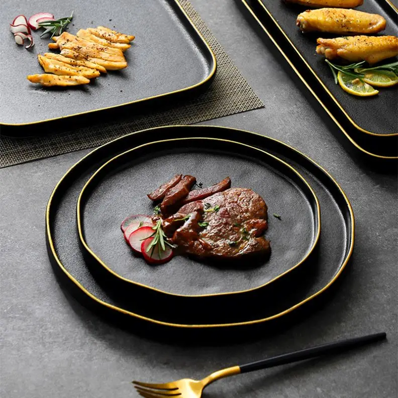 factory price wholesale stoneware flat dish serving gold rim matte ceramic black plates Dinner Plate For cafeteria Restaurant