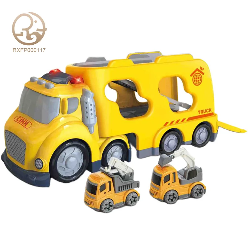 New Plastic Cartoon Fire Truck Toy Set with Light & Sound Diecast Train Toys for Kids Slide Friction Tractor-Trailer for Playing
