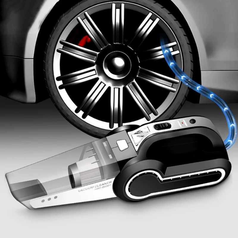Multifunction Wired Car Vacuum Cleaner 4-in-1 Portable Handheld Tire Inflator Pump LED Light Pressure Wet and Dry Use Vacuum