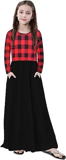 Girl Maxi Dress Kids Casual Buffalo Check Plaid Long Sleeve Dress With Pocket