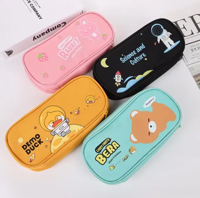 2023 factory wholesale korean cartoon pencil cases cute, oxford waterproof school pencil bags double layer custom logo