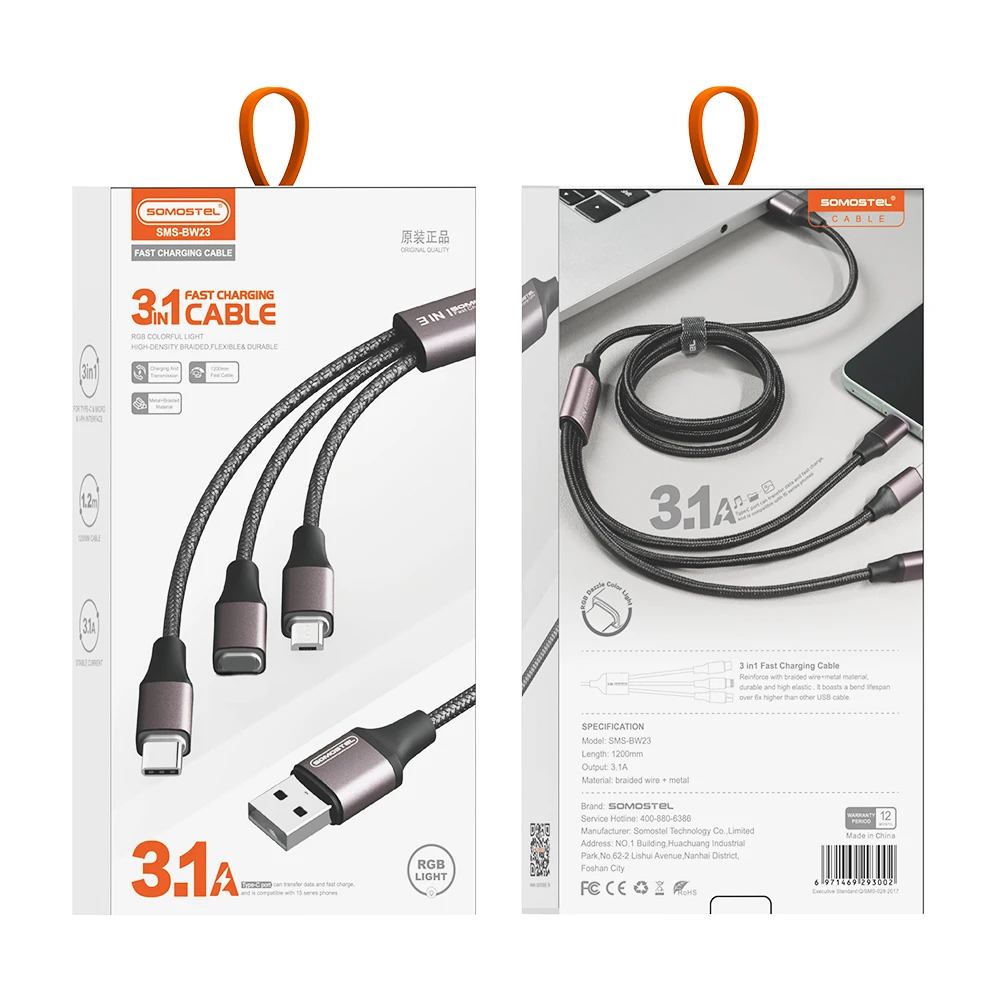 1.2M OEM USB Cable Carga Rapida USB to Micro V8 IPH Type C Sync Charge Cable For iphone/Android Cable Para Celular