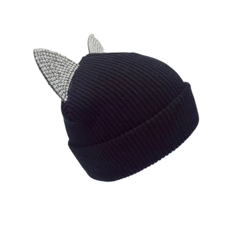 Шапка-бини с камнями, зимняя шапка для женщин, Новое поступление, милая Теплая Вязаная Шапка-бини в рубчик с кошачьими ушками и стразами для девушек