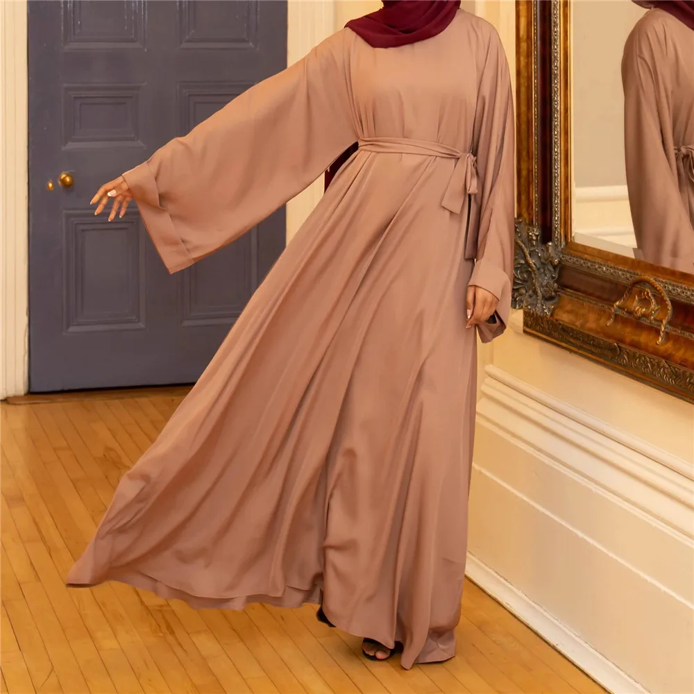 Solid Color Islamic Clothing Crew Neck Turkish Kaftan Dubai Abaya Long Maxi Women Muslim Dress With Belt