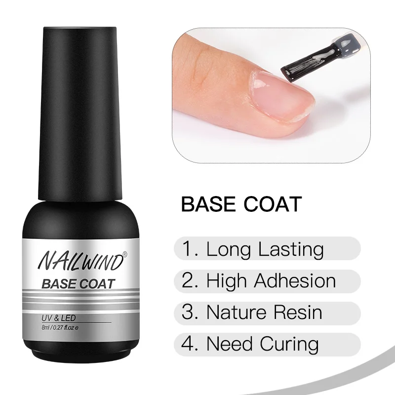 NAILWIND professional private label oem nails art 8ml base top coat soak off uv led light base and top gel polish for wholesale
