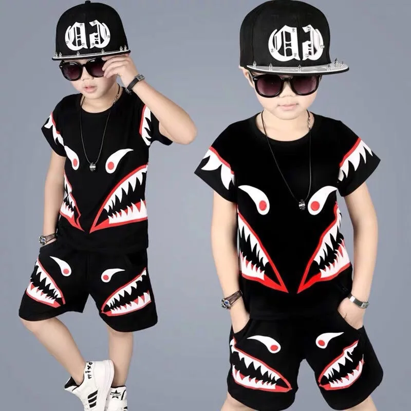 Dropshipping 4 to 12 years old Shark Printed Digital Printing Hot Cotton T Shirt Kids 2 Pieces Set Boys Boutique Clothing Sets