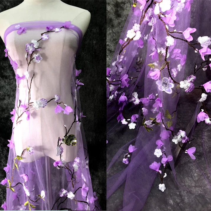 Black pink bright red three-dimensional chiffon flowers plum blossom birds embroidered mesh gauze material fabric gift clothing