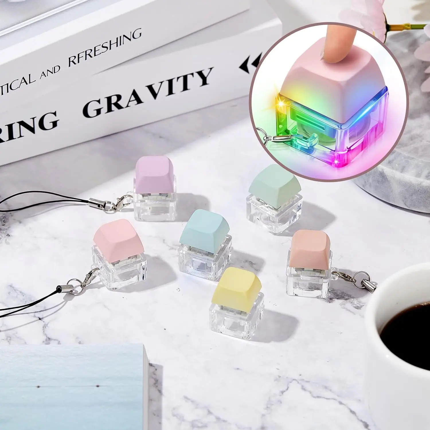 6pcs Keyboard Fidget Keychain with LED Light Keyboard Decompressiion Toys Fidget Button for Adult Gifts to Pass the Time