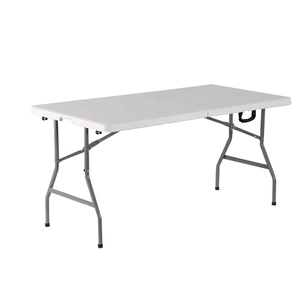 white HDPE plastic portable folding dining table wholesale with metal table legs