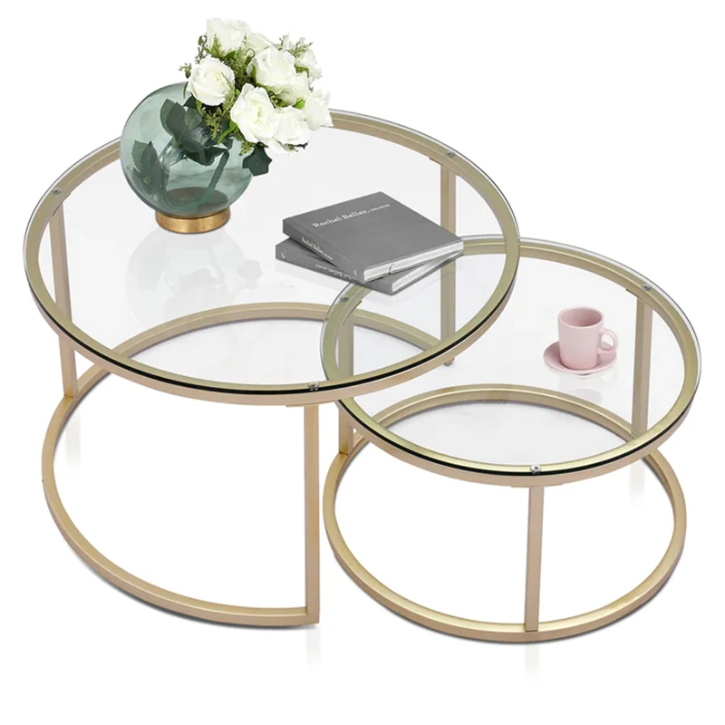 Nordic Luxury Style Furniture Tempered Glass Desktop Extendable Stainless Steel Small Round Coffee Table Living Room